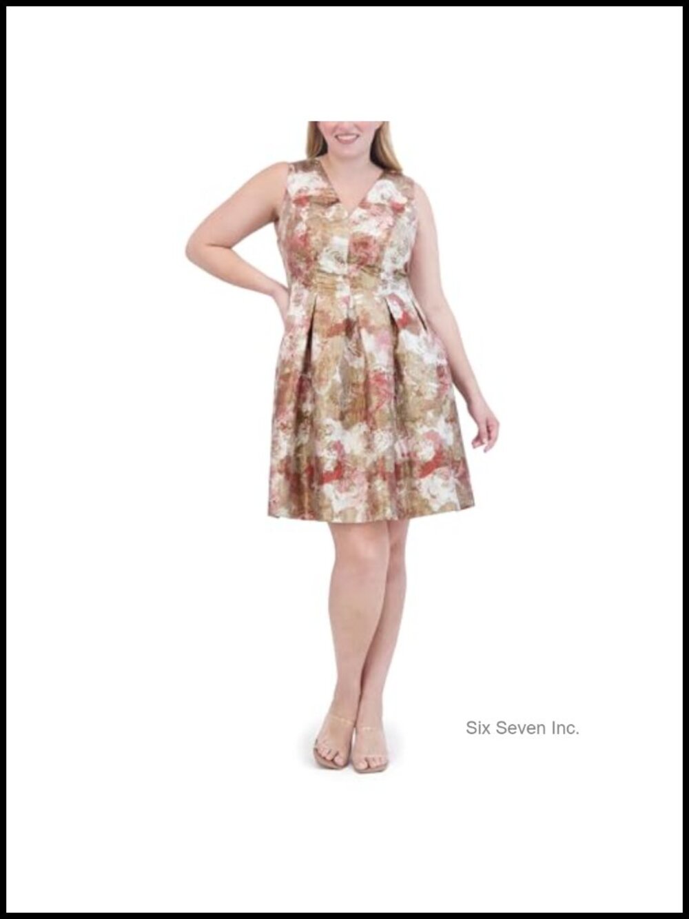 Sleeveless Floral Jacquard Fit and Flare Mini Dress V-Neck